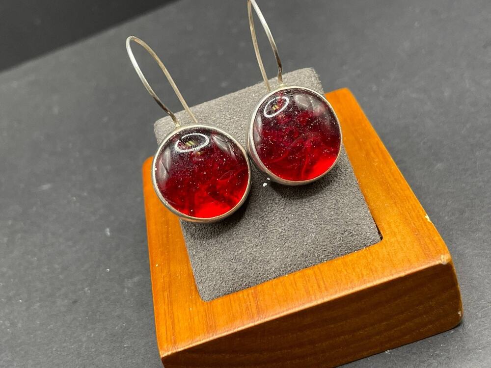 925 Sterling Silver Round Red Glass Dangle Earrings Minimalist Jewelry